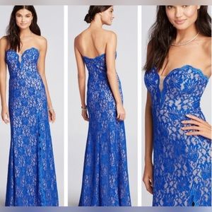 XSCAPE DILLARDS BLUE LACE STRAPLESS DRESS GOWN EVENT PROM MERMAID